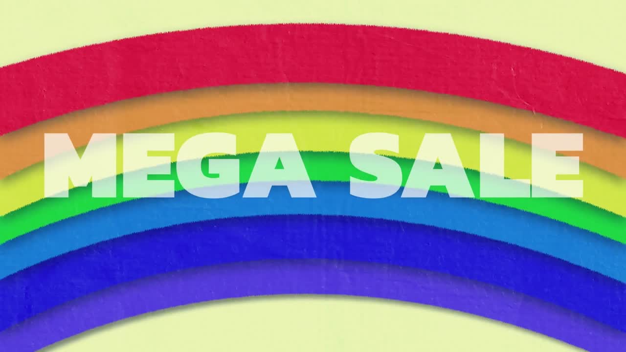 무지개 일러스트레이션 위에 메가 판매 텍스트의 애니메이션