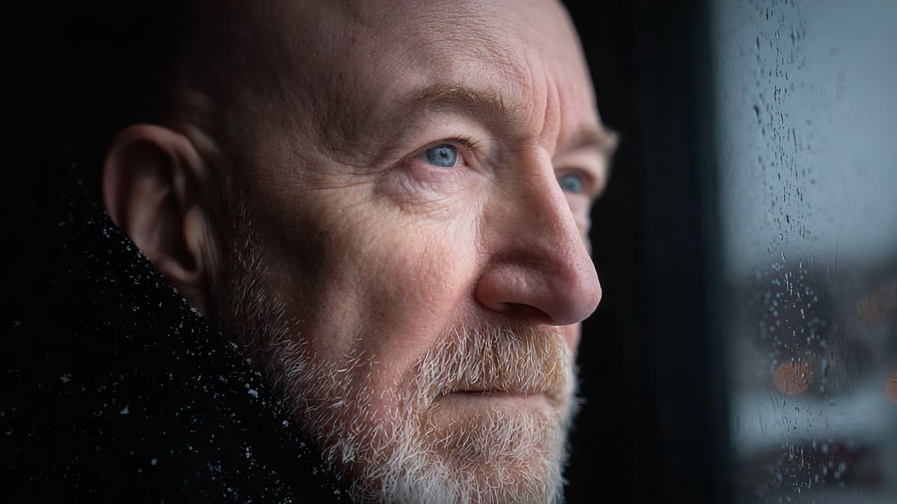 A contemplative man gazing pensively out of a rain-streaked window, reflecting on life's moments and emotions, embodying a deep sense of solitude and introspection