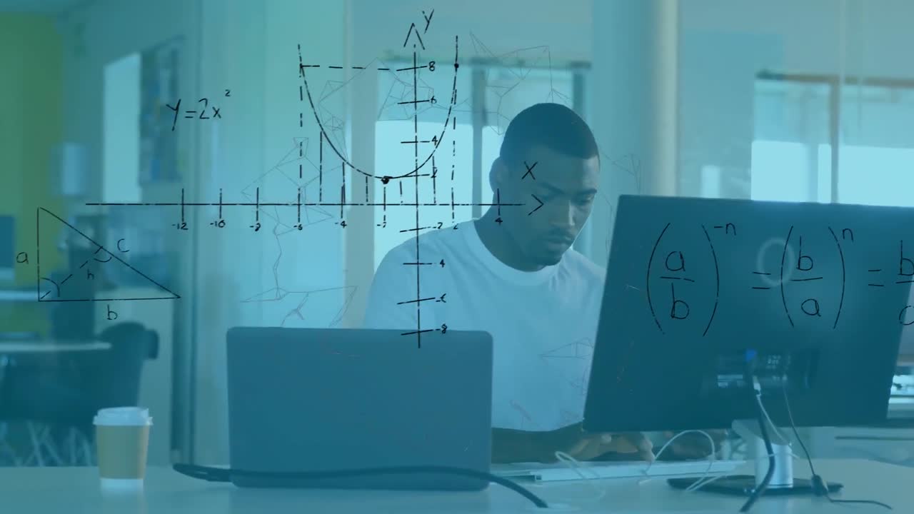 Animation of mathematical formulas over businessman using computer