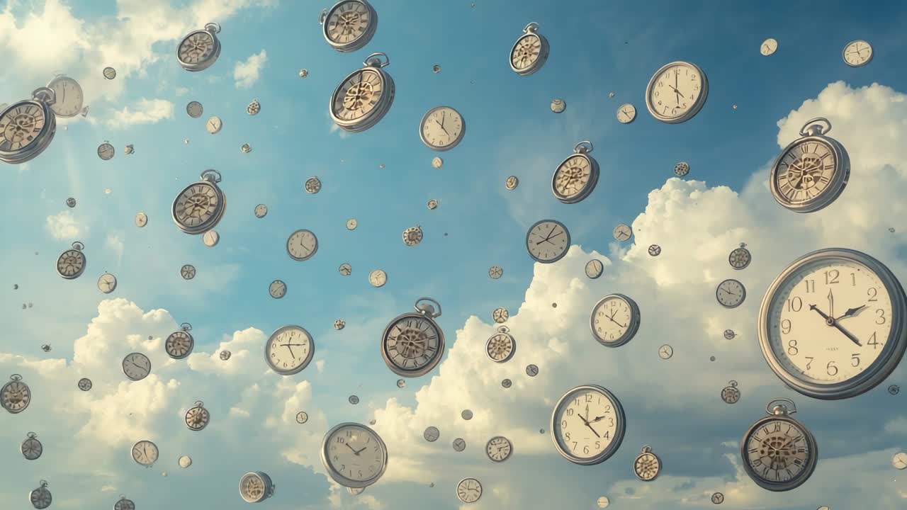 After appearing antique pocket watches drifting slowly across blue sky, with ornate clock faces