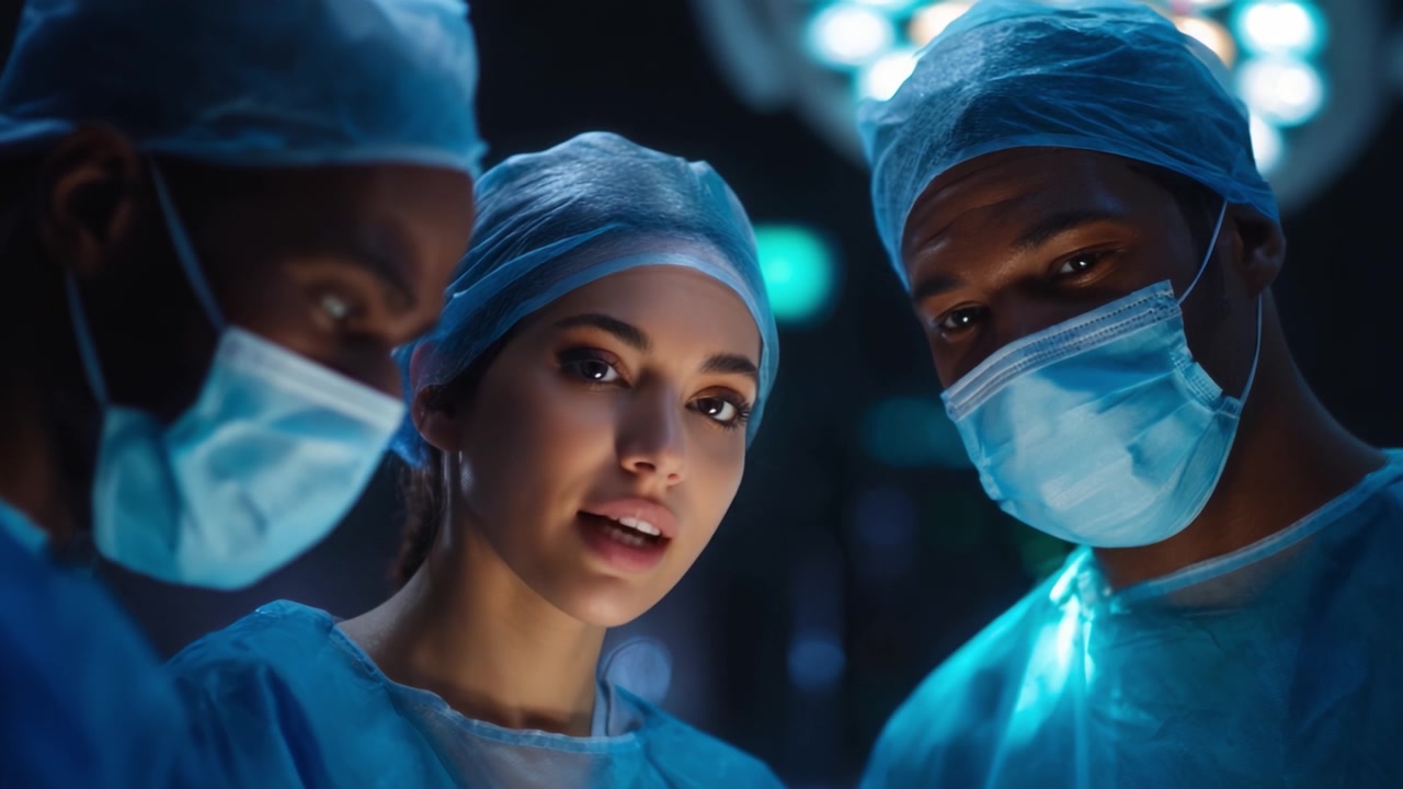 Equipe medica che collabora in un ambiente chirurgico, espressioni concentrate e abbigliamento professionale sotto una brillante illuminazione chirurgica, trasmette fiducia ed esperienza.