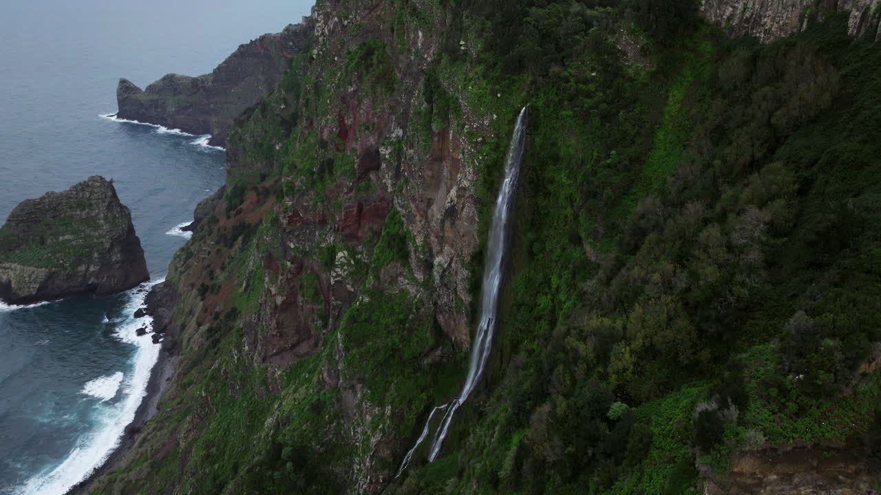 Steep Rocky Cliffs With Cascades At Rocha do Navio In Madeira Island, Santana Portugal