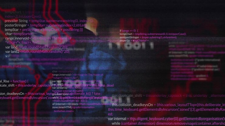 Animation of data processing over integrated circuit and caucasian male hacker
