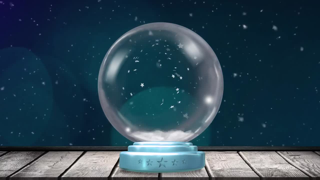 배경에 눈이 떨어지고 파란 스포트라이트가 있는 크리스마스 스노우 글로브의 애니메이션