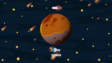animated spacecraft orbit venus amidst stars and meteors in a colorful, dynamic space scene with smooth transitions