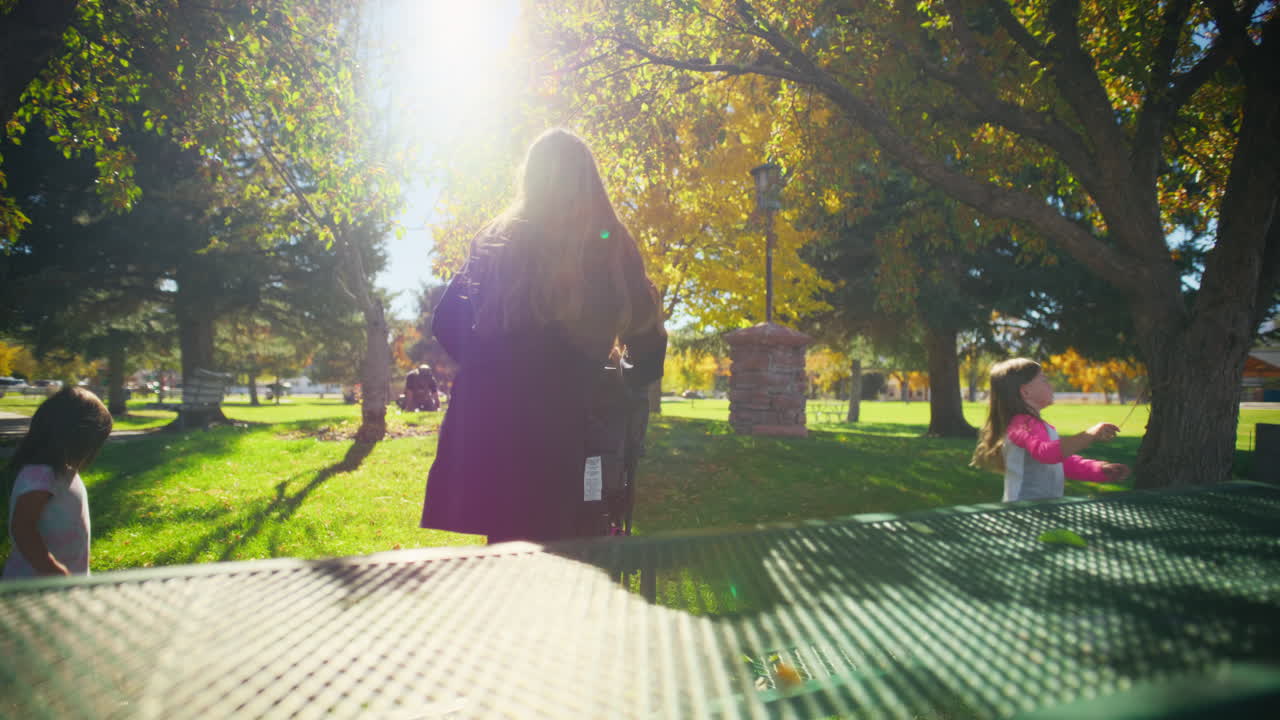 Mother with Stroller in Park with Children
