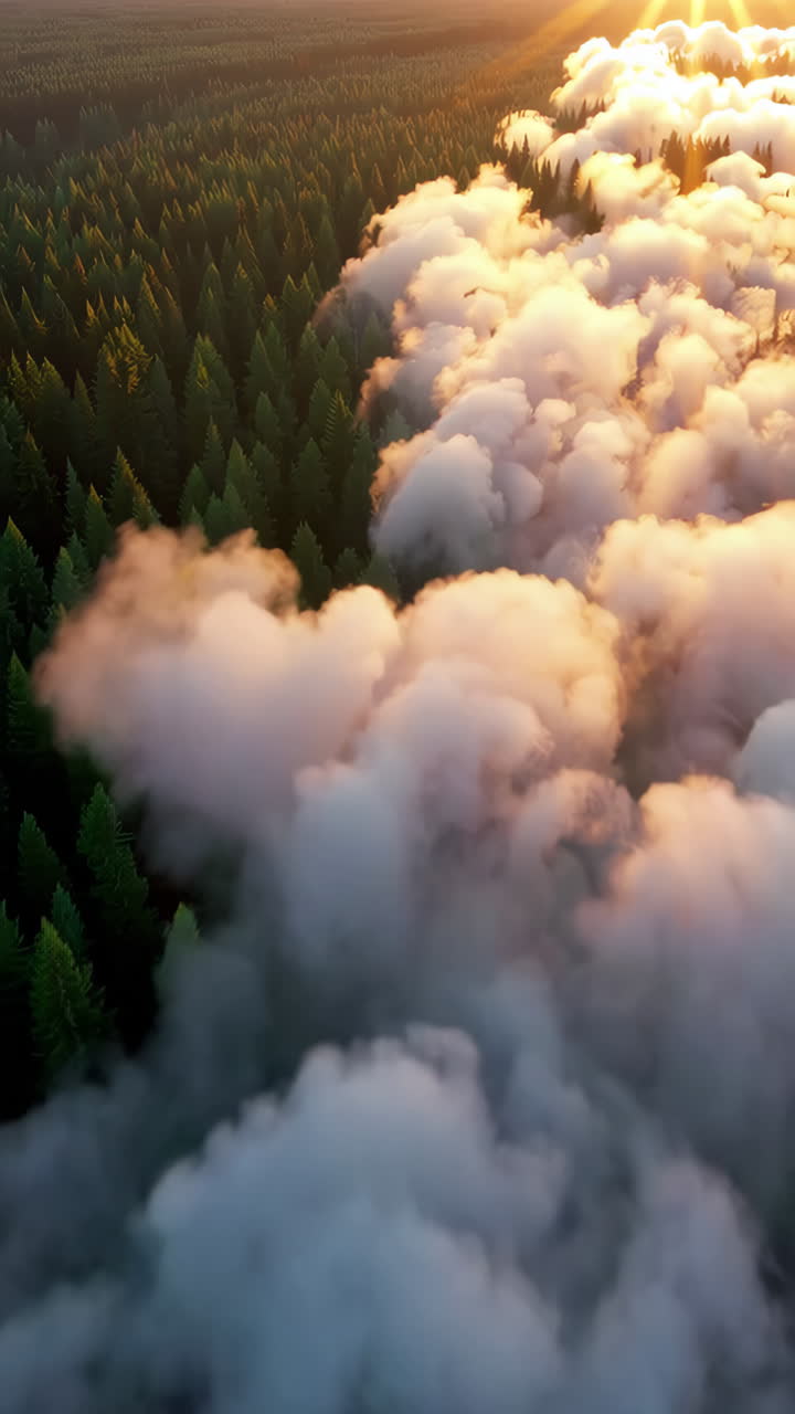 el amanecer o el atardecer sobre un bosque de niebla