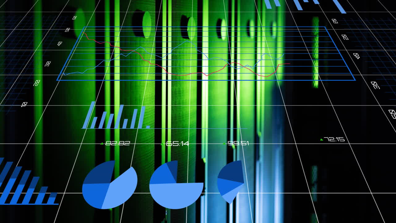 animación del procesamiento de datos estadísticos a través de la red de red contra la sala de servidores informáticos