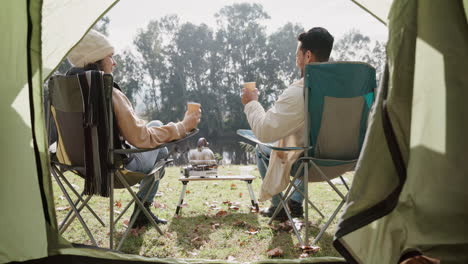 Couple,-camping-and-tent-with-coffee