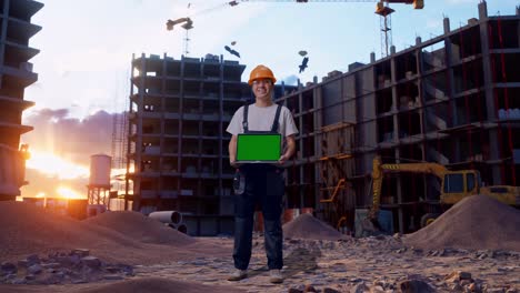 un trabajador asiático muestra una computadora portátil de pantalla verde a la cámara en el sitio de construcción