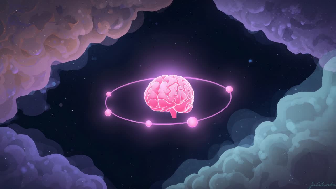 Starting sequence neon-pink brain pulsing glowing in space, four lit spheres orbiting clockwise