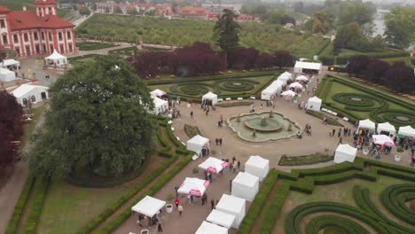 Food-festival-at-Troja-Palace,-Prague---Aerial-Drone