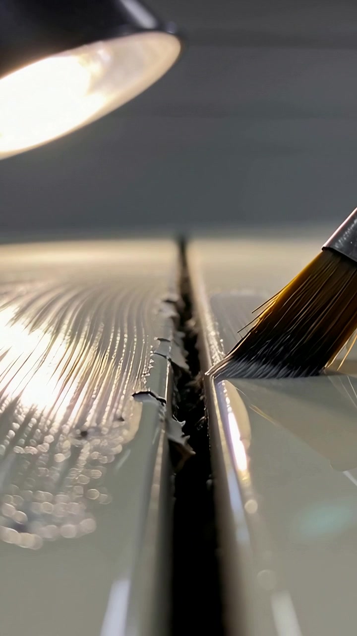 Vertical video: Brushing angled paintbrush entering right removing flakes and sealing seam by lamp