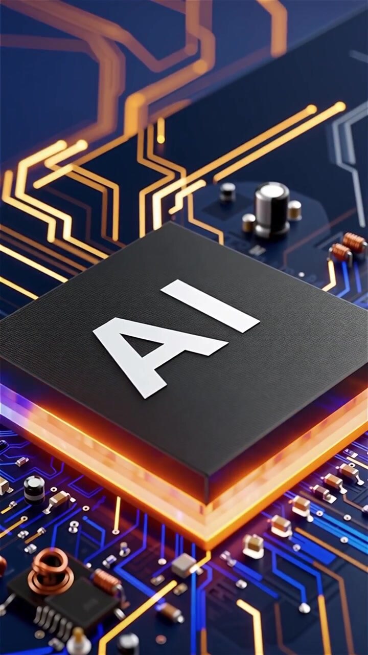 Sfondo tecnologico futuristico con chip AI e scheda madre