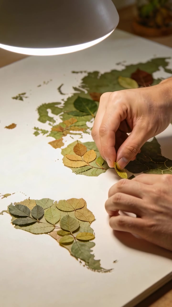 Video verticale: Mani che raggiungono una mappa, posizionando foglie secche su di essa sotto una lampada da scrivania, con spazio per il testo.