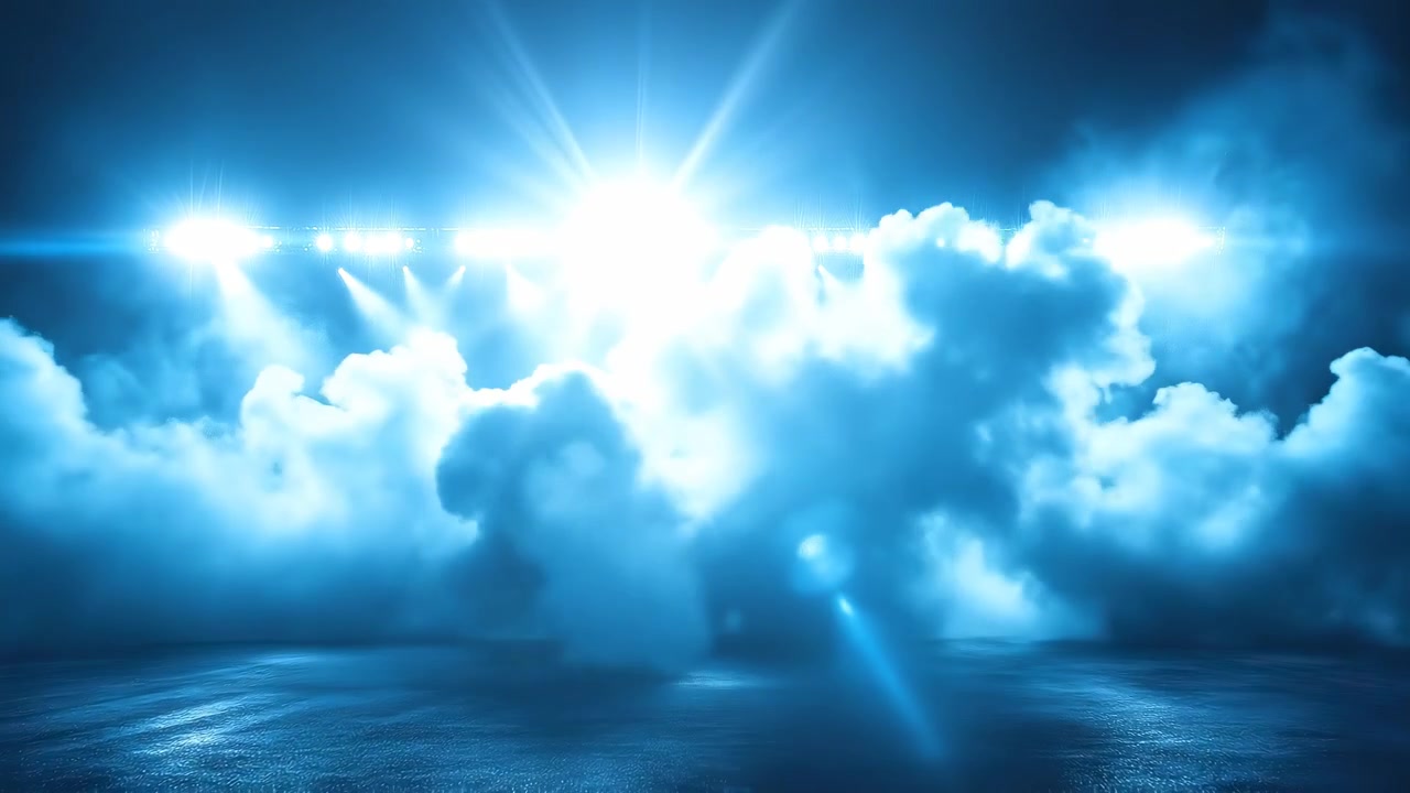Dramatic Stage with Blue Stadium Lights and Moving Smoke