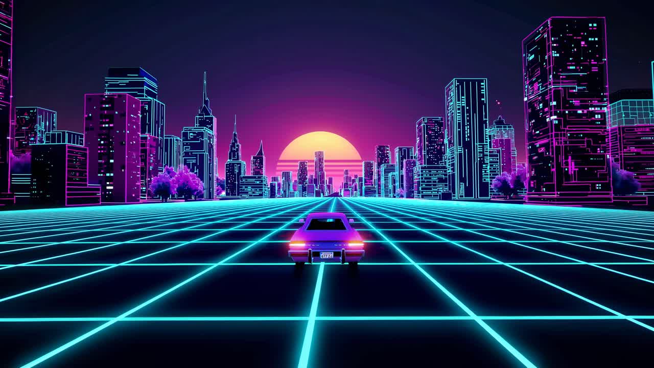 Retro-futuristic cityscape with neon gridlines and a sunset