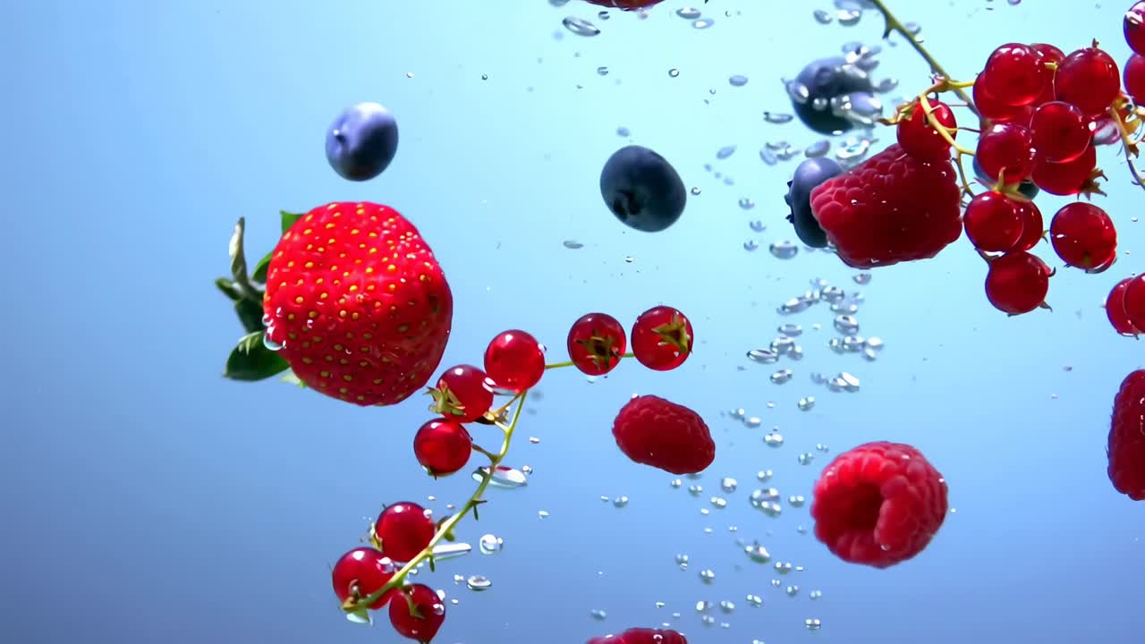 Underwater video of berries splashing, captured from a low angle with vibrant colors