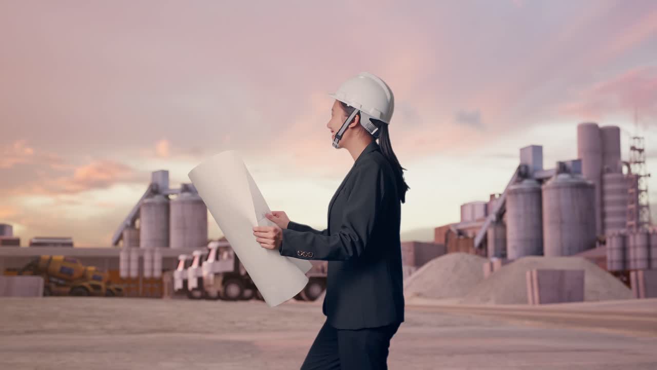 Seitenansicht: Asiatische Geschäftsfrau blickt auf Bauplan in ihren Händen, geht und schaut sich im Industrie-Zementwerk bei Sonnenuntergang um.