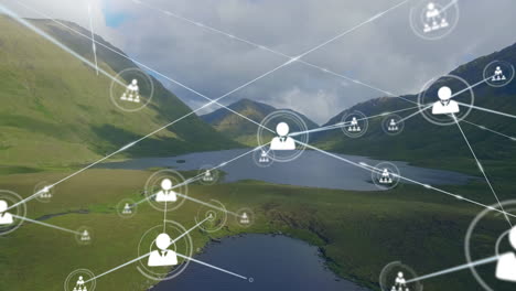 network of connections and data processing animation over scenic mountain landscape