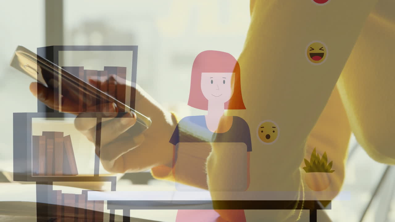 Animation showing person using smartphone with emojis at desk in school