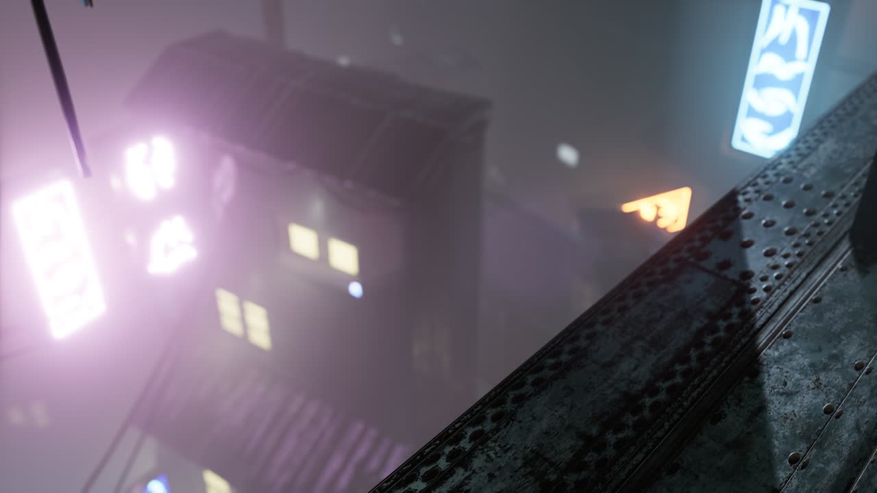 밤에 안개가 있는 거리에 부드러운 초점을 맞춘 네온 불빛