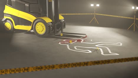 Storehouse-crime-scene.-Dead-body-outline-under-the-forklift.-Rising-up-camera-position.-It-is-important-to-prevent-all-kind-of-accidents-at-work.-Obligatory-controls-of-safety-while-working.