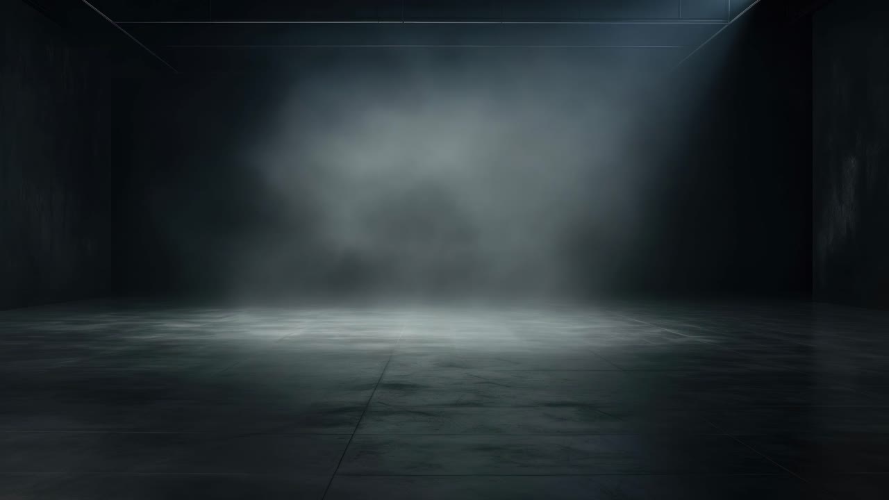 Moody, cinematic video backdrop of an empty, dimly lit room with a low camera angle