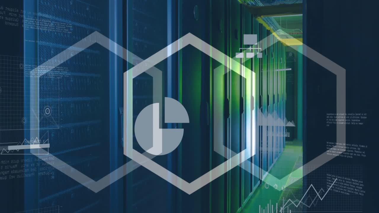 animación de formas hexagonales y procesamiento de datos contra la sala de servidores de computadora