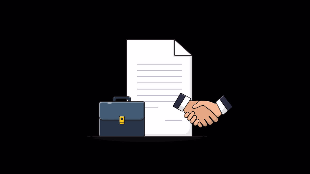 Animated Business Handshake with Contract and Briefcase