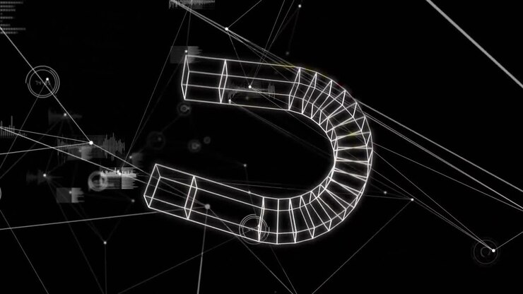 Animation of magnet icon over network of connections with data processing on black background