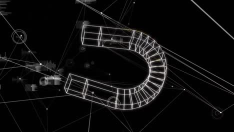 animation of magnet icon over network of connections with data processing on black background