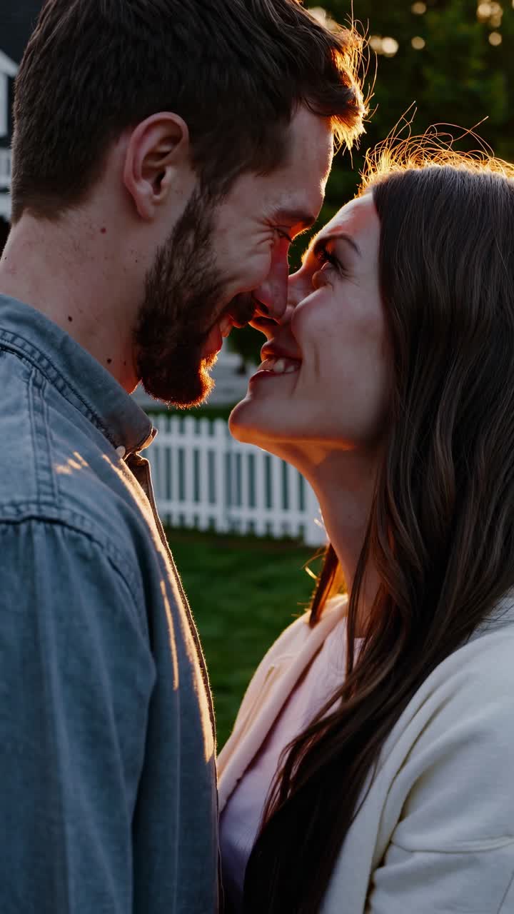 Um vídeo romântico em close-up captura um casal sorrindo um para o outro sob a luz quente do pôr do sol