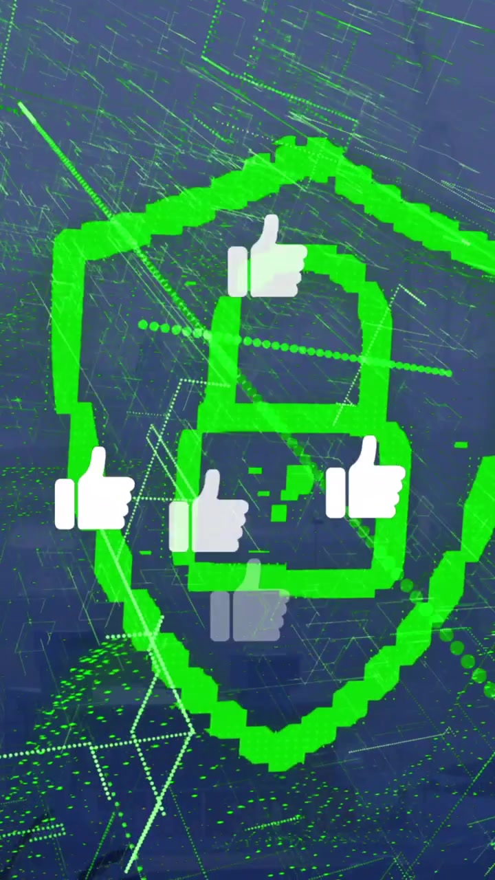 Animation of data processing and social media icons over cityscape