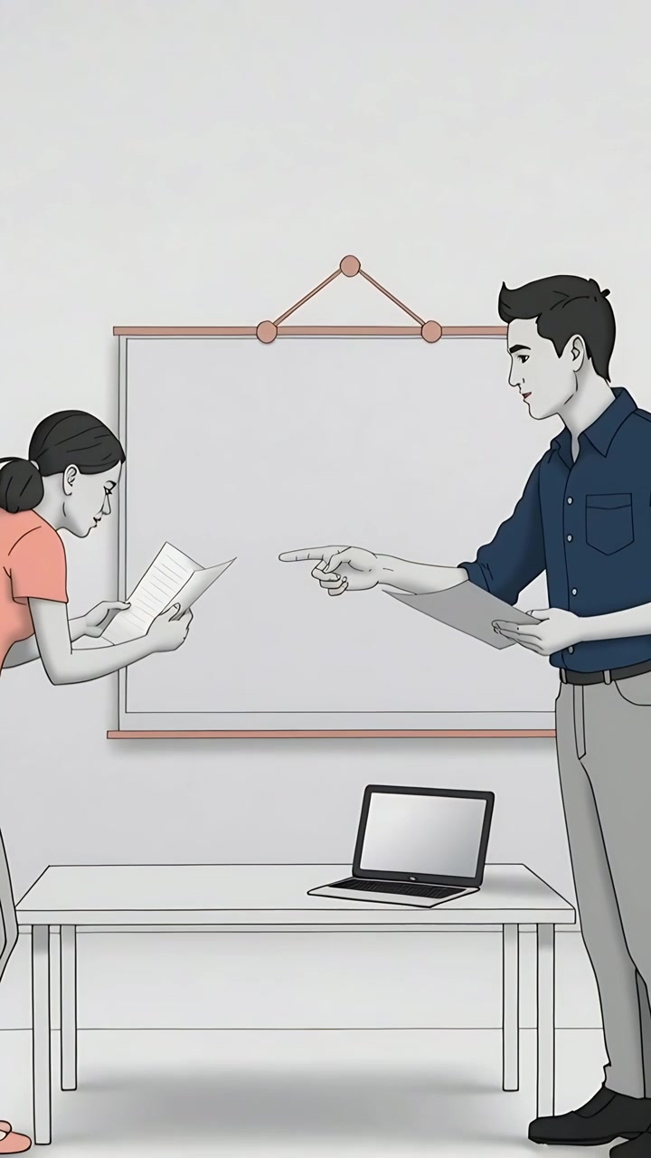Vertical video: Pulling back to pointing man in navy guiding coral woman reading docs laptop board