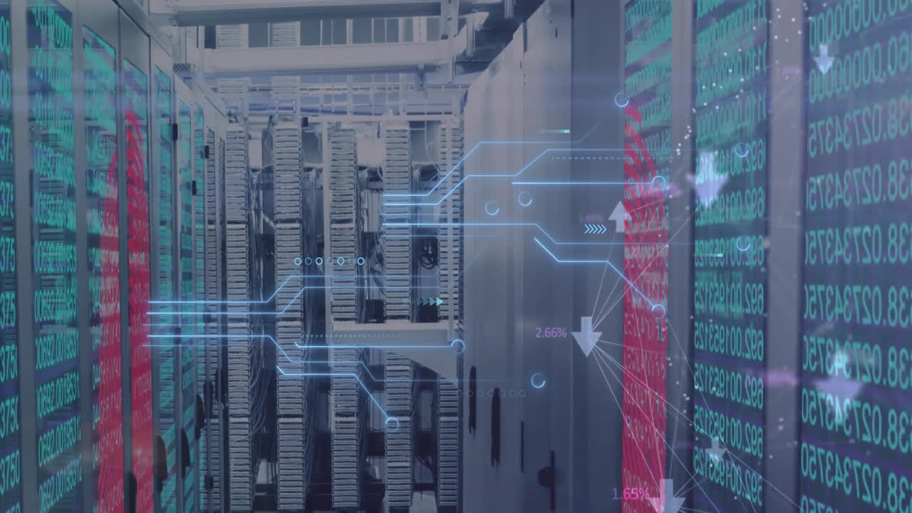 Animation of data processing and network of connections over server room