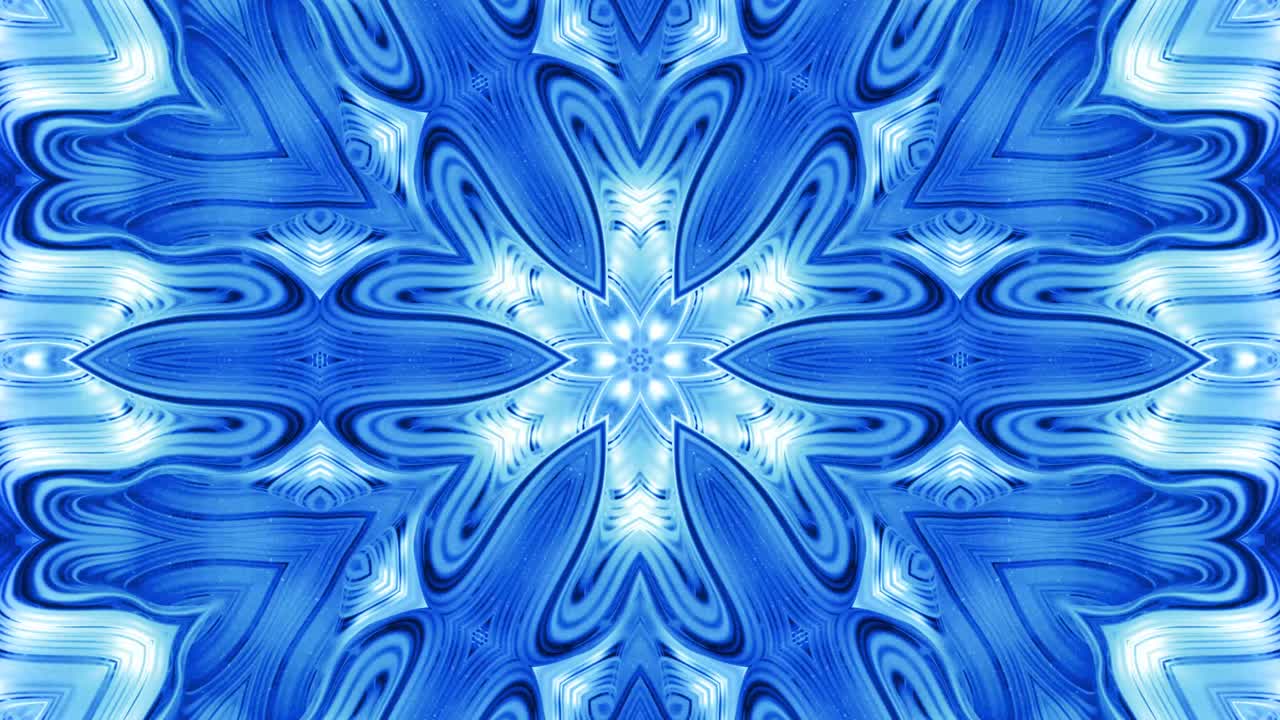 fondo simétrico abstracto con simetría estelar. mandala con olas. fondo líquido azul abstracto en bucle con patrón brillante ondulado, superficie brillante y brillante. efecto caleidoscopio