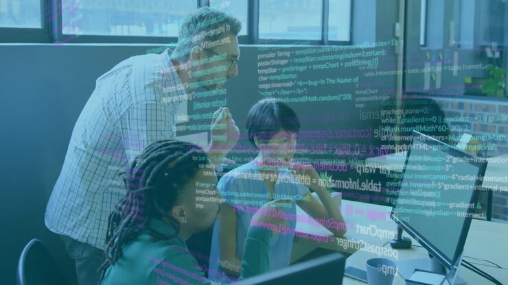 Animation of data processing over diverse colleagues using computer in office