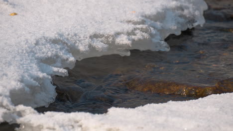 glacier melting close-up producing shallow water stream flow in winter iceland