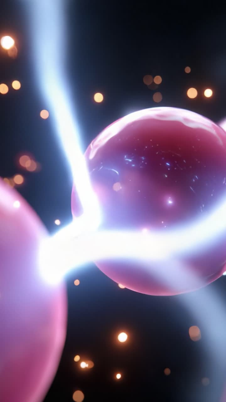 Interazione dinamica tra sfere di energia che mostra luce e carica fluenti in una straordinaria visualizzazione astratta di connessioni atomiche.