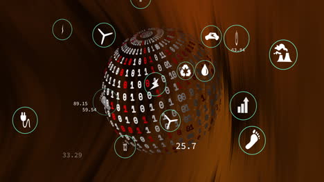 esfera de código binario con varios iconos y números, animación de procesamiento de datos