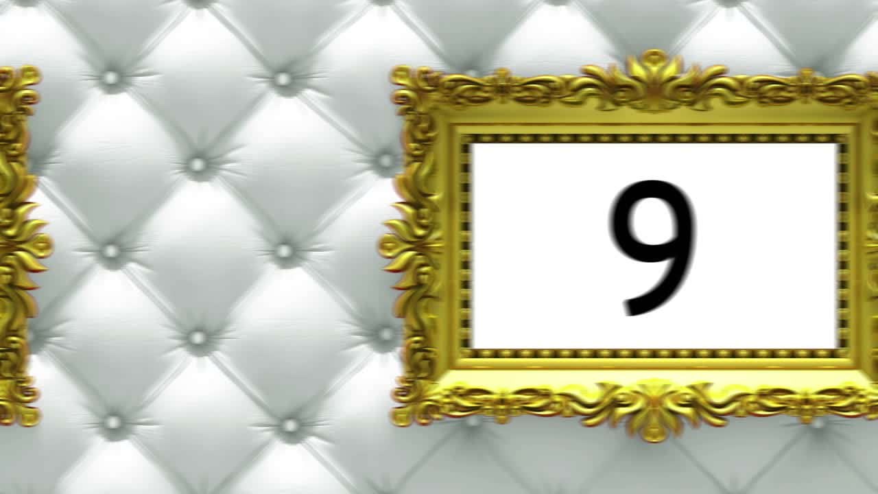 cuenta atrás en marcos de cuadros dorados en un lujoso fondo de tapicería blanca. maqueta para el desfile de éxitos, gráfico. animación 3d, pantalla verde.