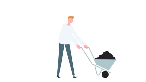 animación de personaje de hombre colorido. ciclo de caminata masculino con carrito lleno de carbón