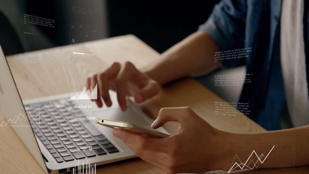 Animation of financial data processing over businessmen using smarphone