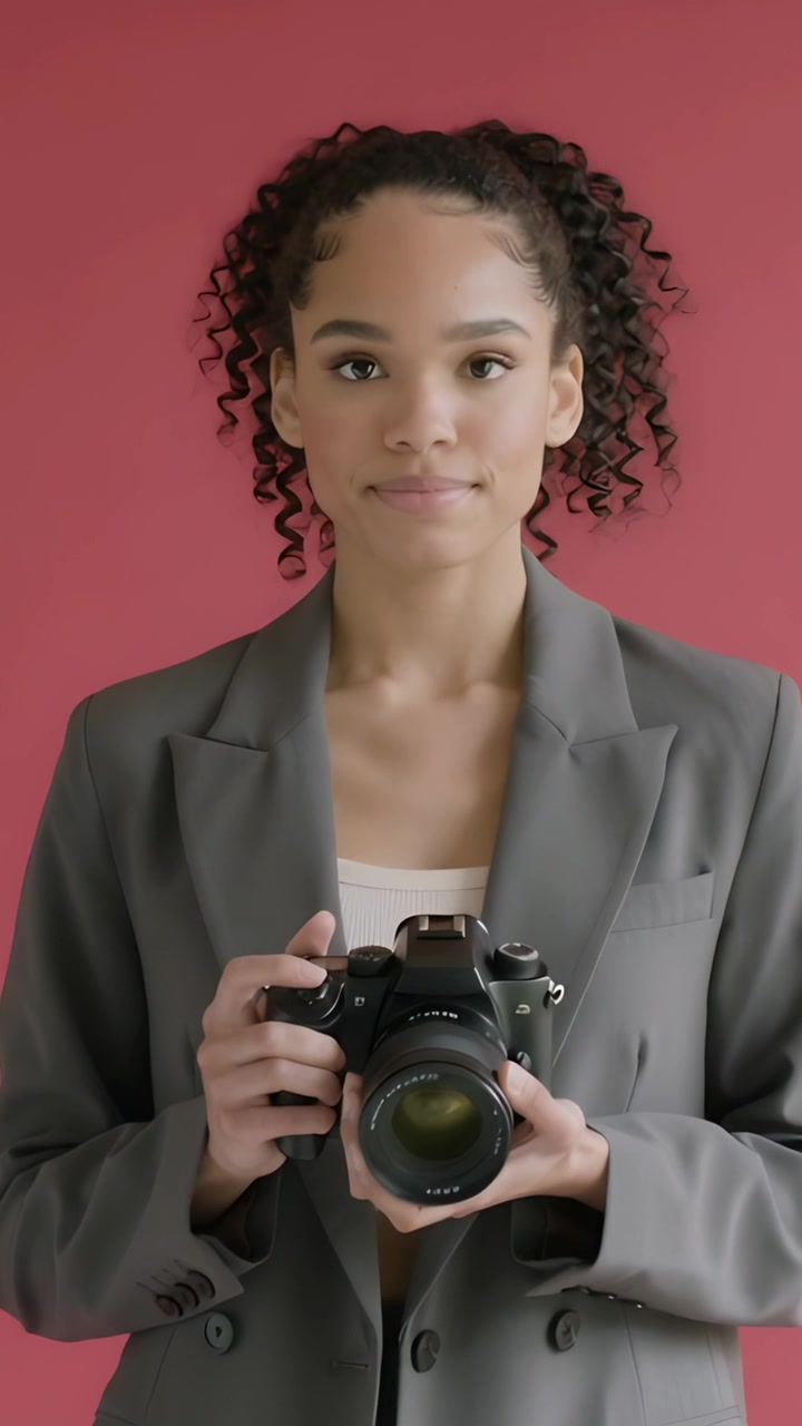Vídeo vertical: Painel se abrindo, mulher segurando uma DSLR posando em um fundo vermelho, vestindo um blazer cinza