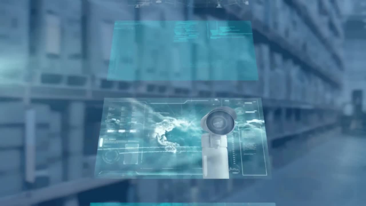 다중 화면의 디지털 애니메이션과 빛의 점과 창고에 대한 데이터 처리