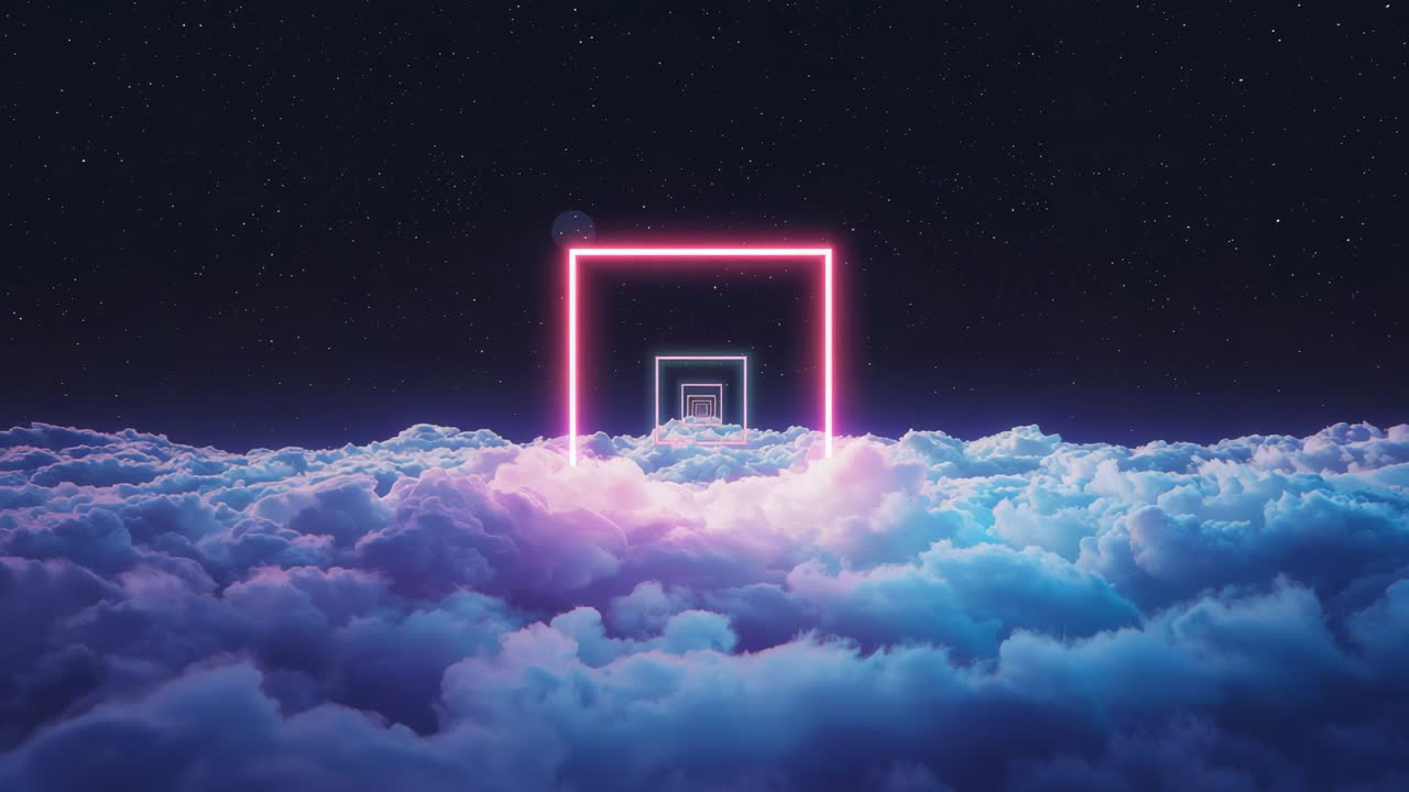 Moving neon nested squares closing in over pastel clouds, casting pink-blue light, creating tunnel