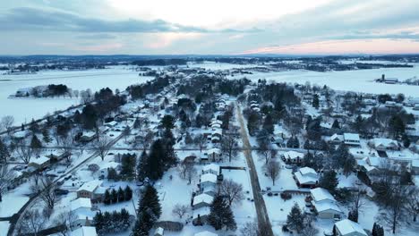 Aerial-view-of-snowy-Housing-area-in-suburbia-of-american-city