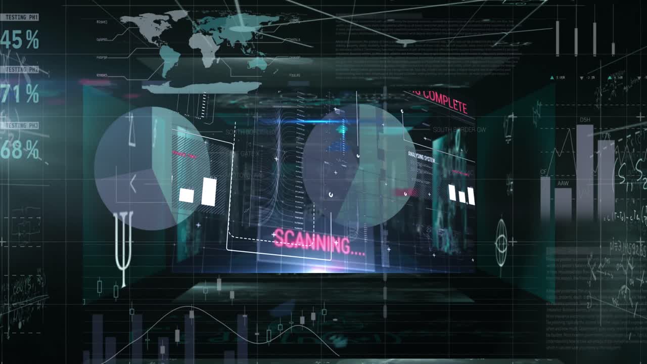 검은 바탕의 화면에서 수학적 방정식에 대한 금융 데이터 처리