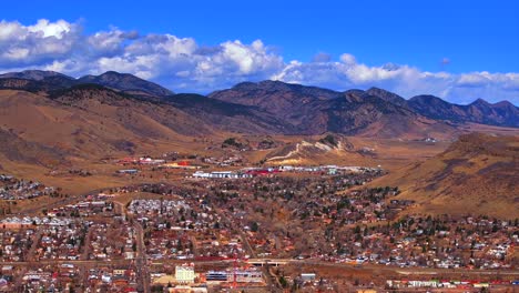 golden colorado aerial drone historic downtown golden gate canyon winter sunny morning afternoon blue sky highway 93 boulder flat irons clear creek canyon lookout mountain buildings upwards motion